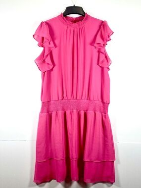 1X Chic Vibrant pink flutter sleeve mock neck mini dress ruffle tier barbiecore
